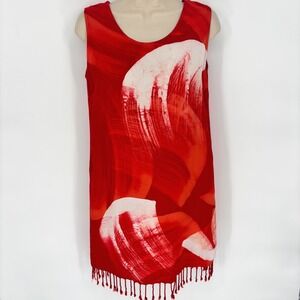Caribelle Batik Womens Red White Abstract Fringe Hem Rayon Shift Dress Tunic
